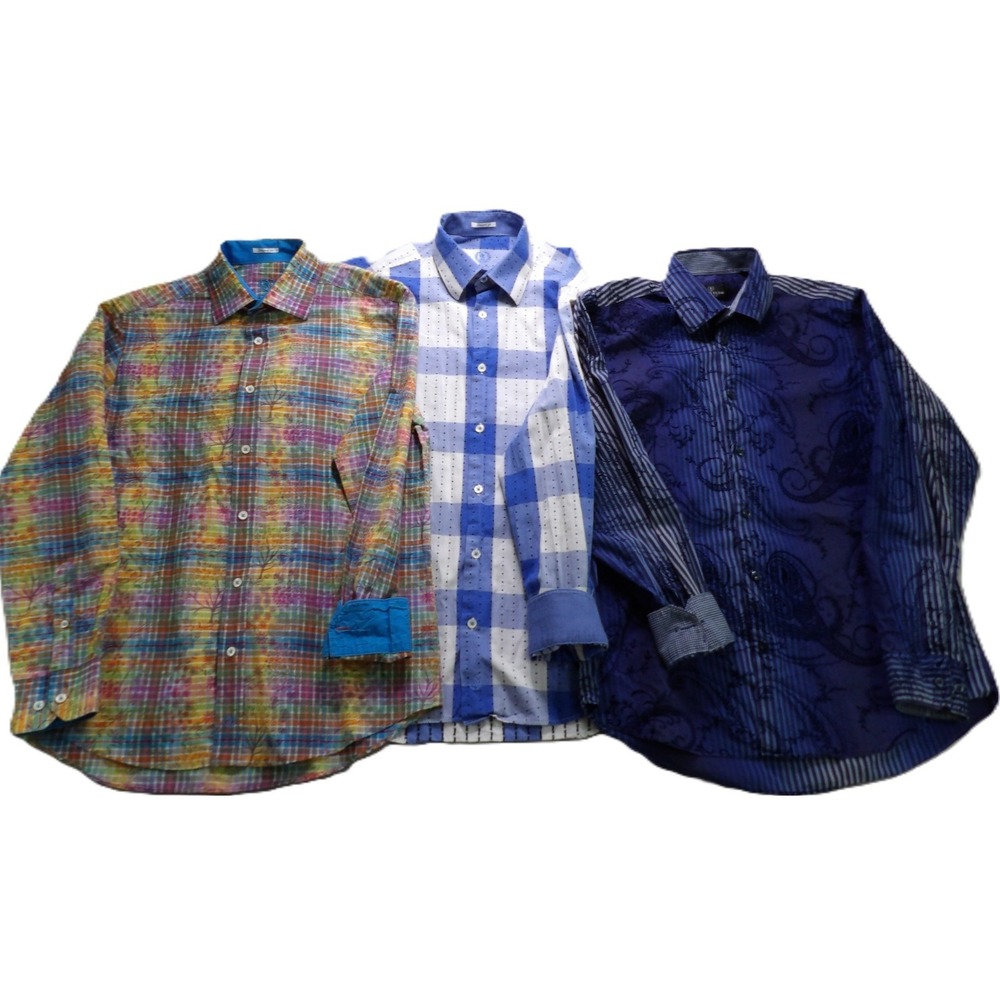 Bugatchi Uomo Shirt Lot 3 Men M Long Sleeve Button Up Multi Plaid Paisley Cotton